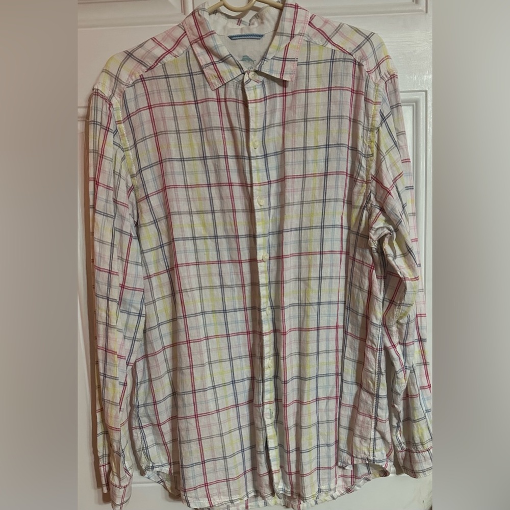Tommy Bahama Relax Shirt‎ Men's Medium 100% Linen Plaid Long Sleeve Button Up